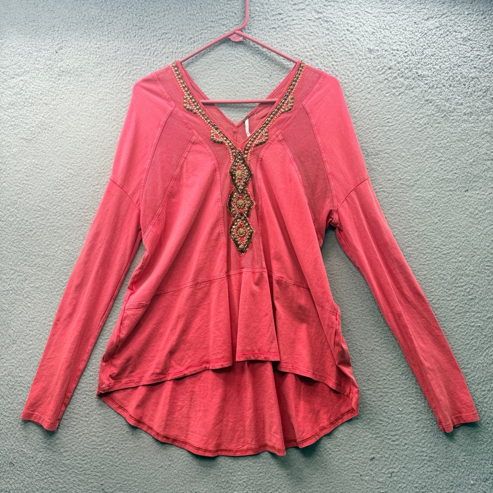 Free People Coral Pink Long Sleeve Top Blouse Studded Embellished Neck Size M
